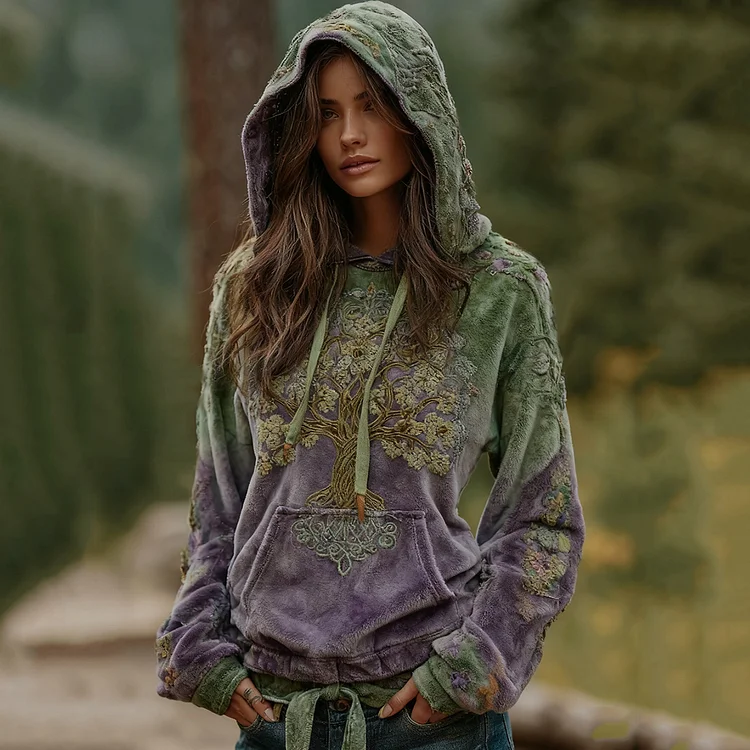 Women's Vintage Viking Tree Of Life Pattern Plush Cozy Hoodie