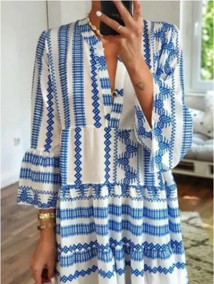 Geometric Print Long Dress Bohemian Style Long Dress Ladies Dress-vocosishoes