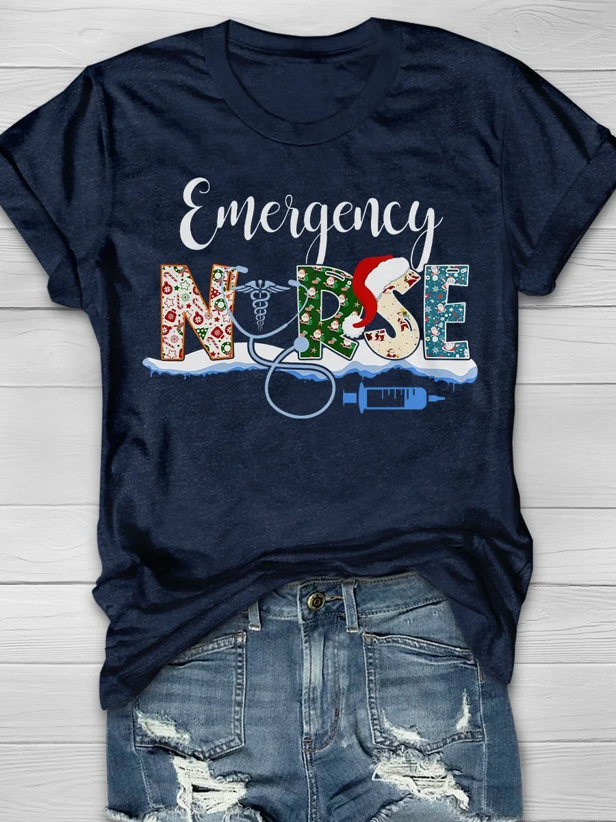Emergency Nurse Christmas Print Short Sleeve T-shirt