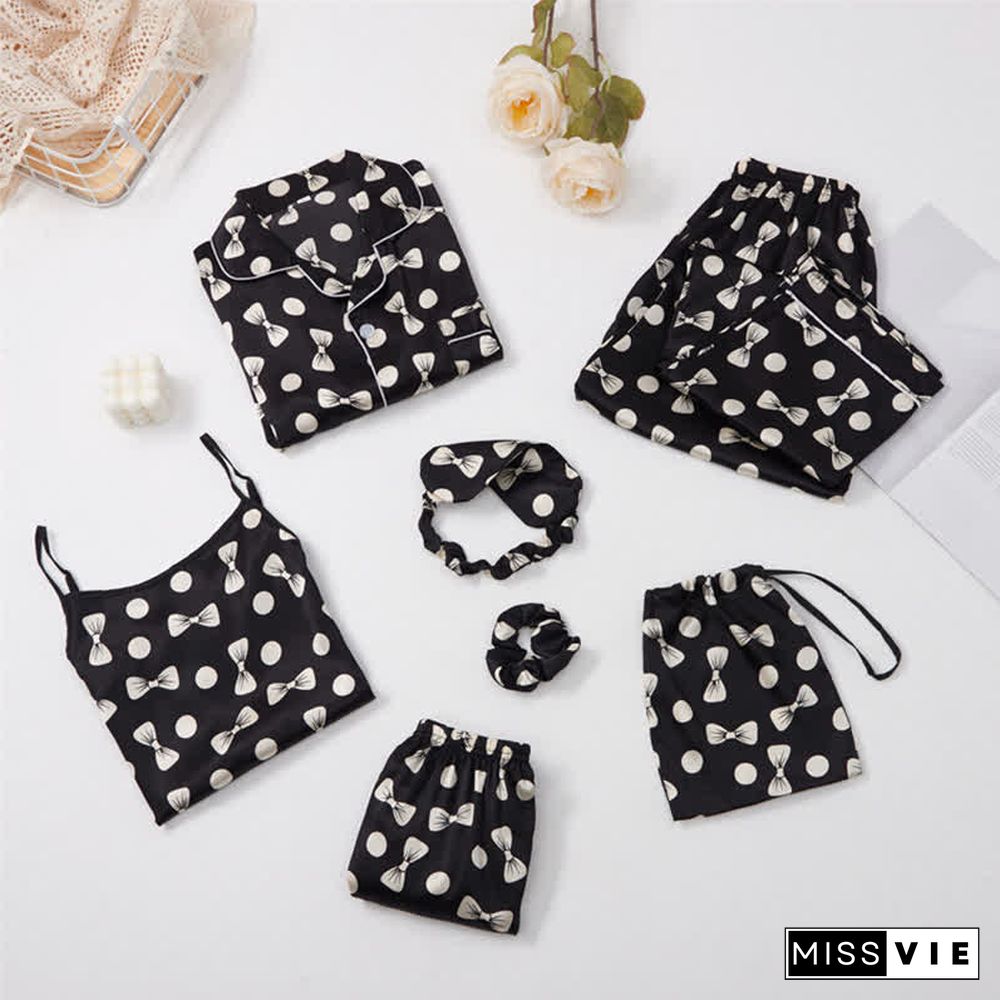 Love Heart Bow Knot Print Silk Pajamas Seven Pieces Set
