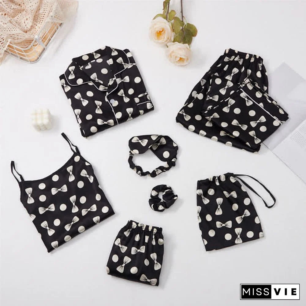 Love Heart Bow Knot Print Silk Pajamas Seven Pieces Set