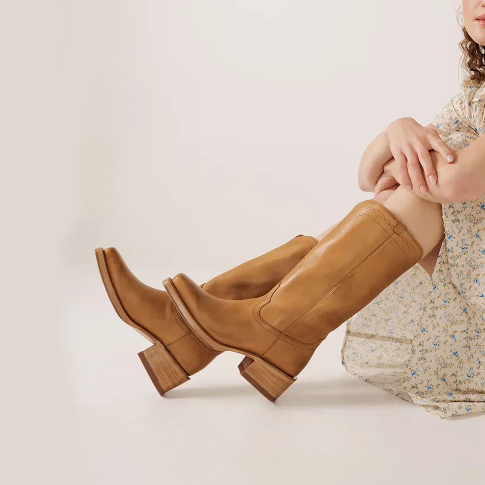 Fashion Tan Square Toe Stitching Mid Calf Women's Western Boots