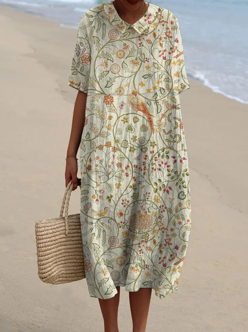 Women's Vintage Floral Art Print Pocket Linen Dress（Convertible Dress With Front And Back Option）