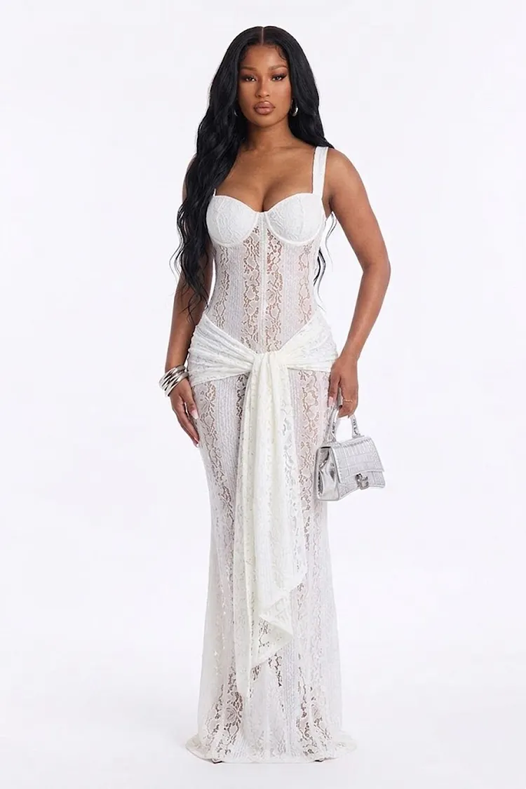 sleeveless guipure lace maxi dress Square Neck Sleeveless Guipure Lace Sash Slim Fit Gowns Maxi Dresses-White