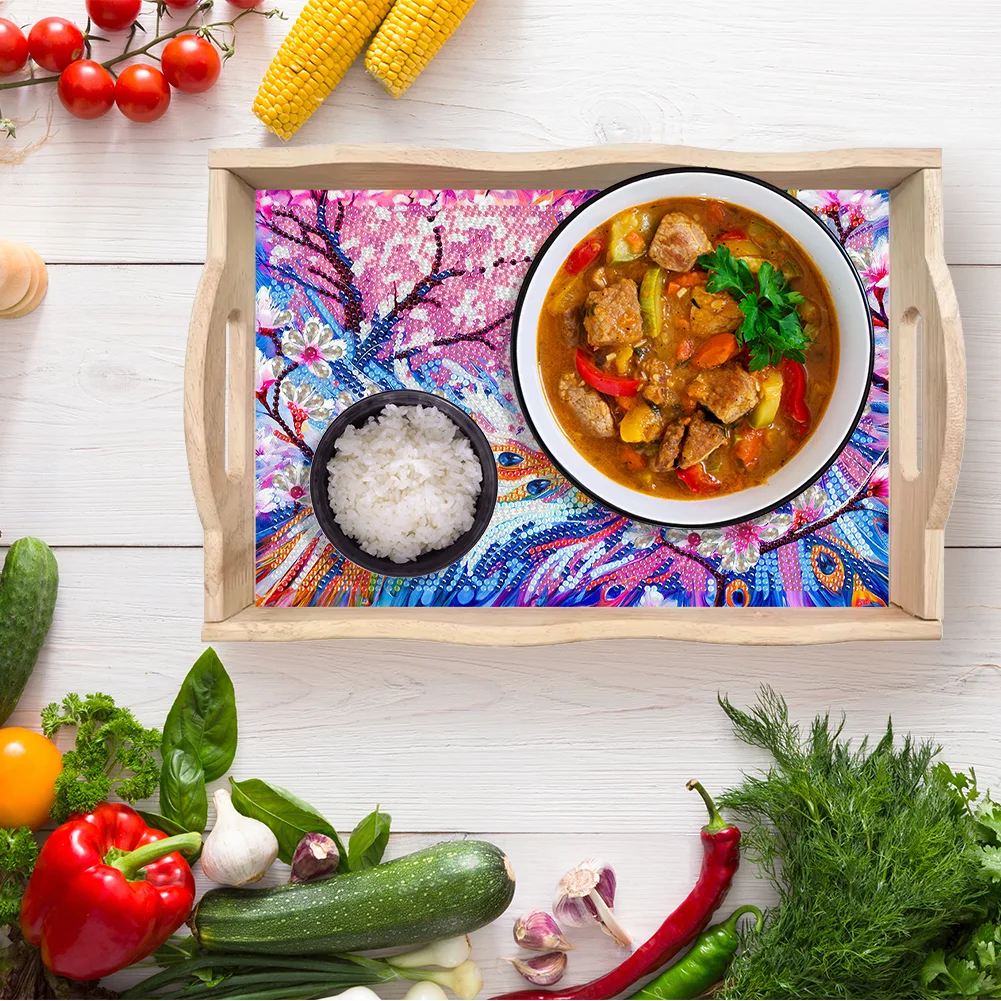 Wooden Peach Blossom Peacock 5D DIY Diamond Painting Tray Art Craft with Handle