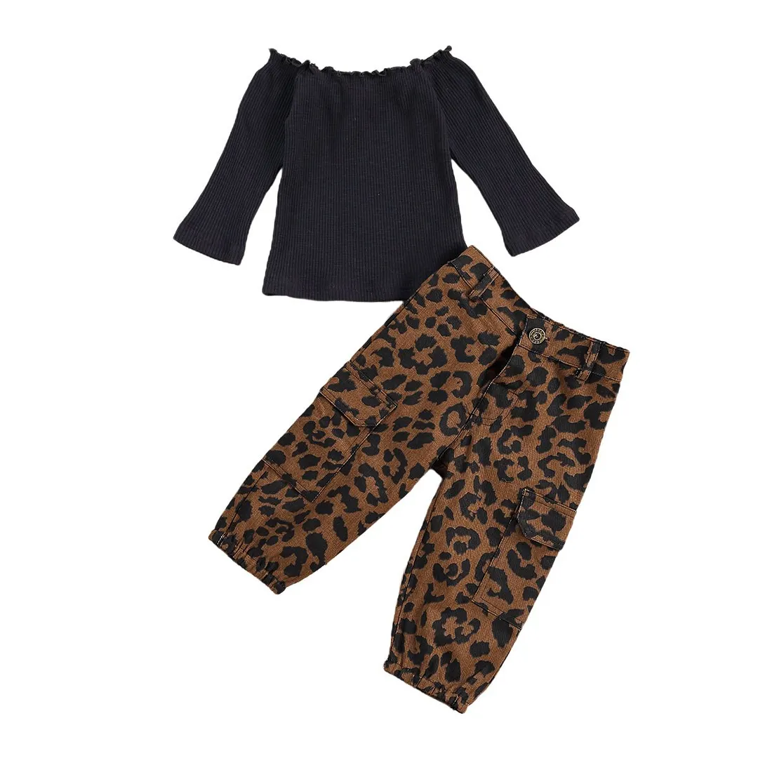 2 Pcs Baby Girl's Casual Suit, Solid Boat Neck Long Sleeve Ribbing Elastic Top Leopard Camouflage Tie Dye Loose Trousers Pocket