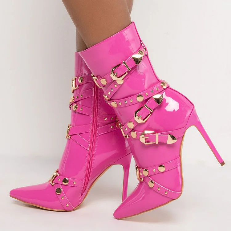 Pink Strappy Boots Elegant Pointy Toe Studs Heels Mid Calf Boots |FSJ Shoes