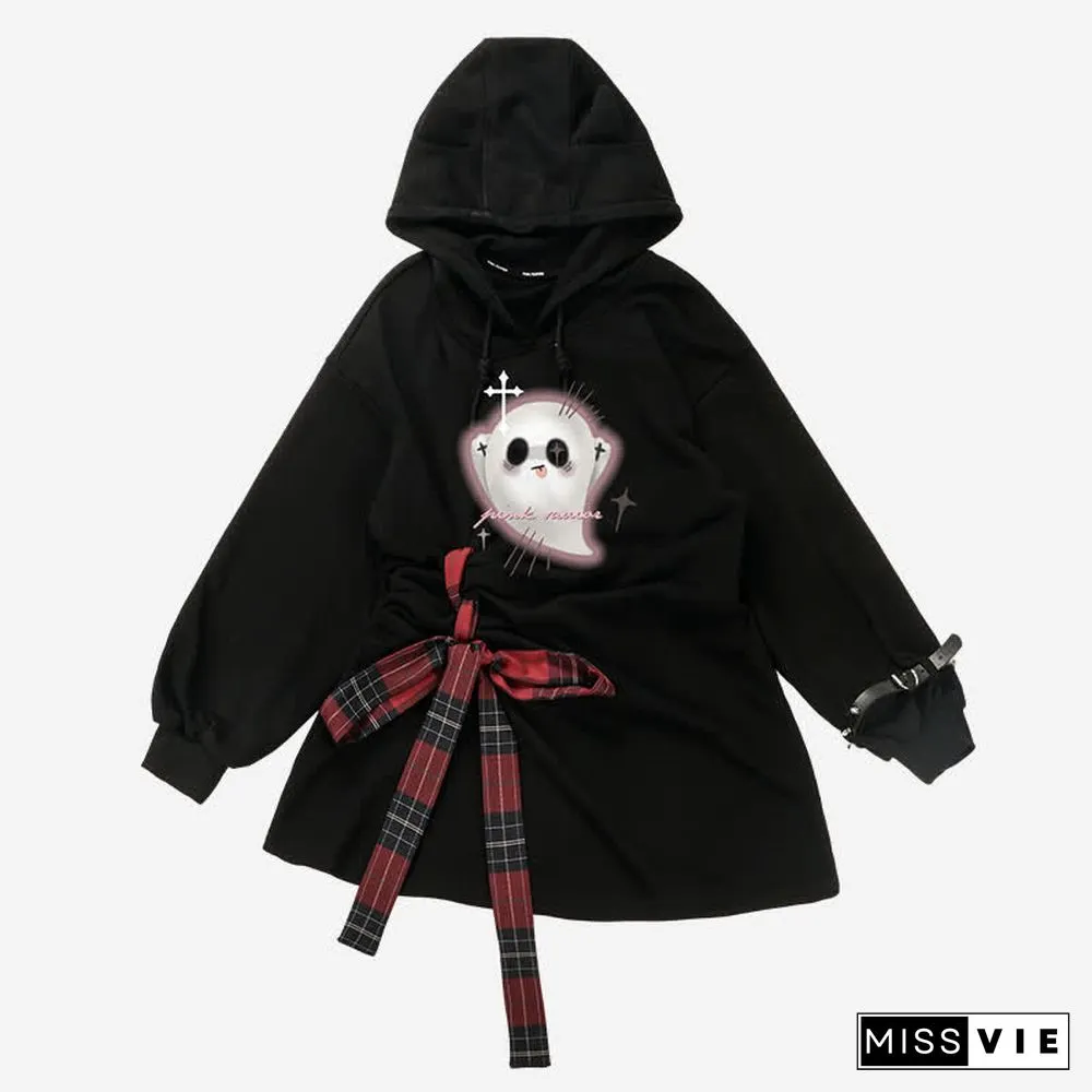 Ghost Print Draw String Car Ears Hooded Sweatshirt Daress