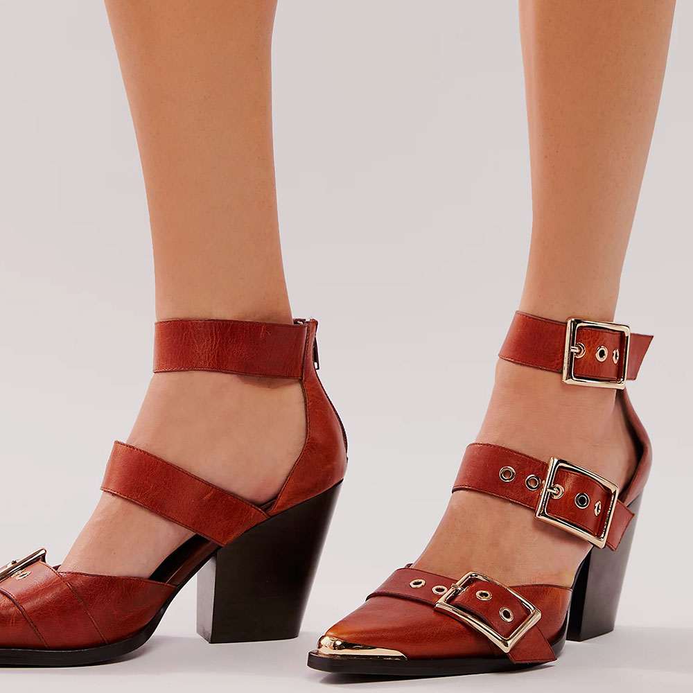 Distressed Tan Metallic Accent Pointed Toe Buckle Strap Chunky Heels Nicepairs