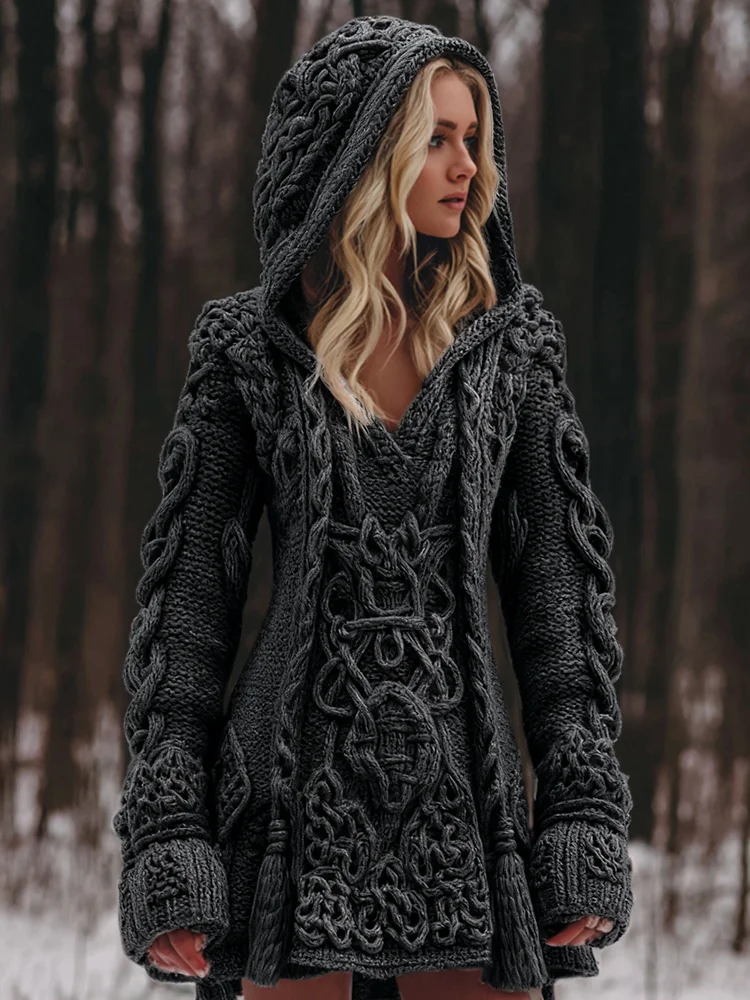 Women's Viking Celtic Knot Rune Knit Jacquard Warm Sweater Hooded Dress