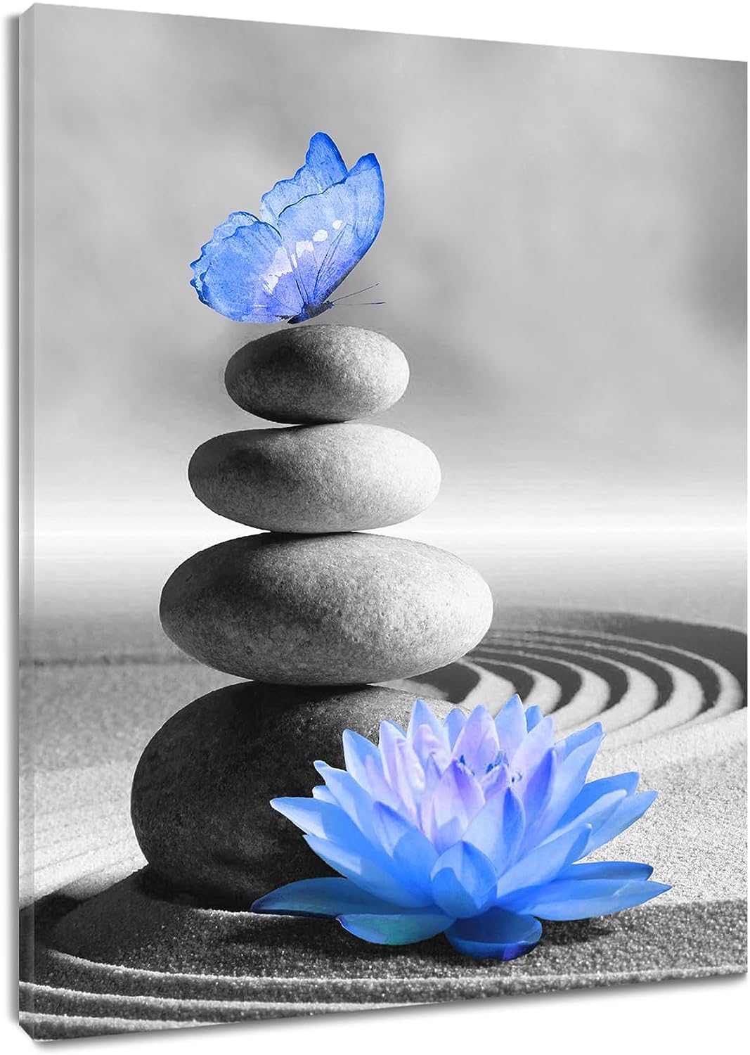 HVEST Zen Stone Wall Art for Living Room, Blue Floral and Butterfly Stone on Beach Canvas Wall Art Asian Japanese Spa Framed Wall Art for Bedroom Bathroom Wall Decor, 12X16 inch
