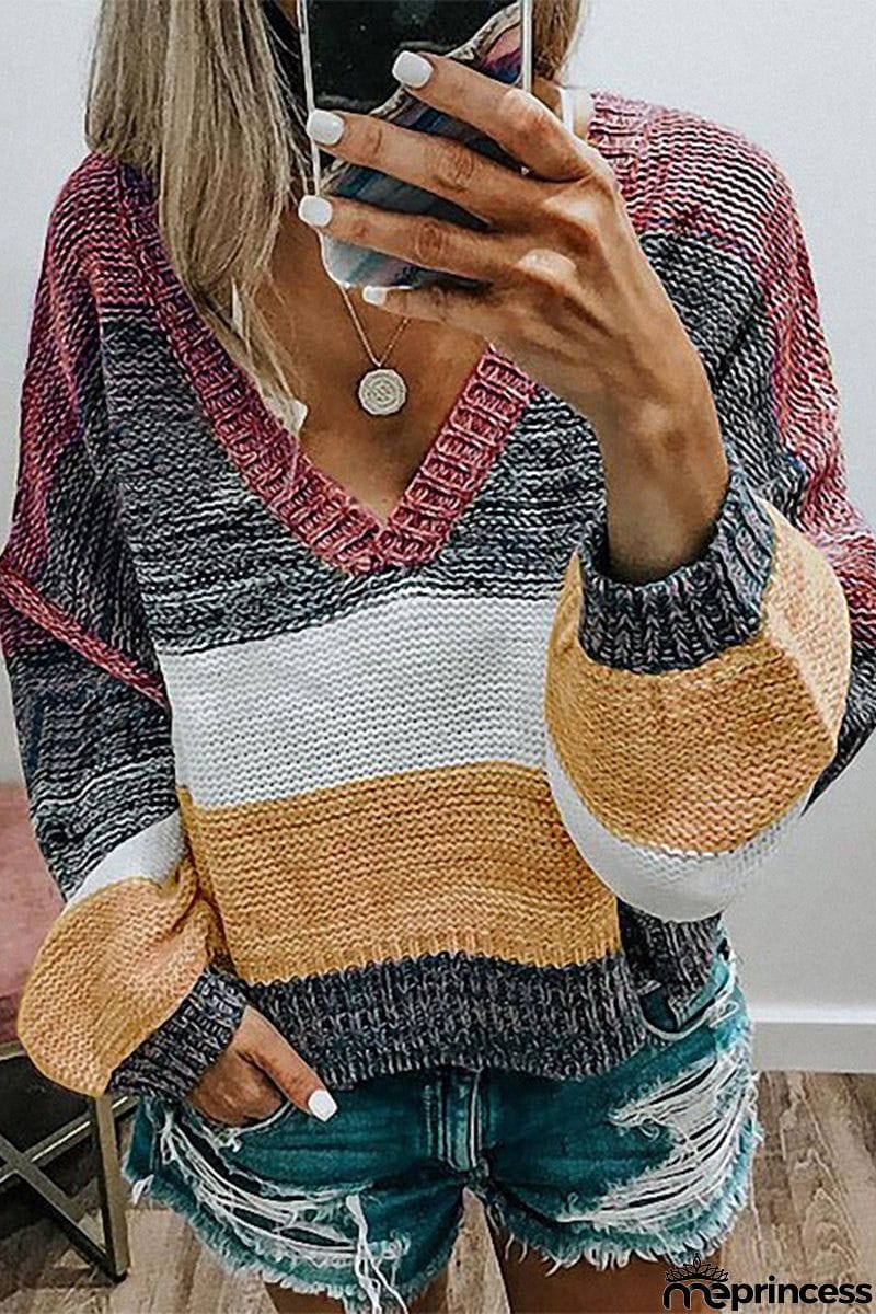 Casual Sweet Color Block Patchwork V Neck Sweaters(4 Colors)