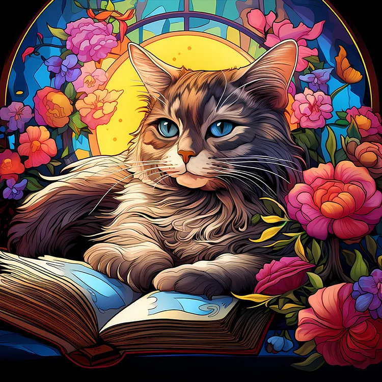 Glass Painting Of A Cat Reading A Book 30*30CM(Canvas) Full Round Drill Diamond Painting gbfke