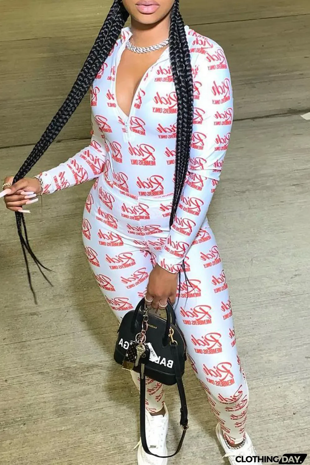White Sexy Letter Print Split Joint Zipper Collar Skinny Jumpsuits