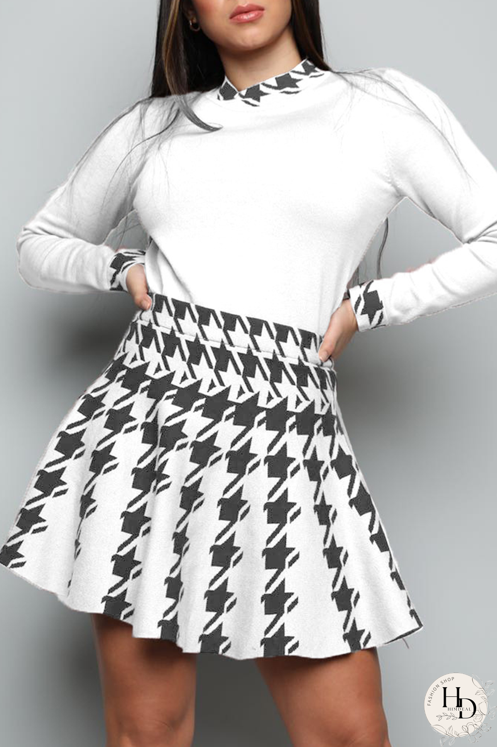 White Sexy Plaid Patchwork Half A Turtleneck Long Sleeve Two Pieces