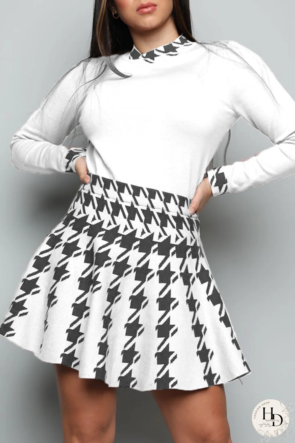 White Sexy Plaid Patchwork Half A Turtleneck Long Sleeve Two Pieces