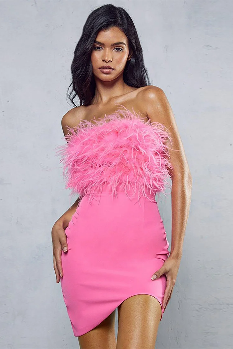 Feather Trim Tube Irregular Hem Bodycon Party Mini Dresses