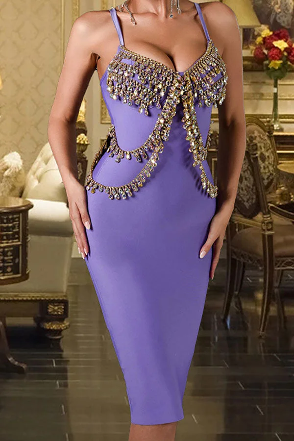 Purple Pretty Rhinestone Midi Dress