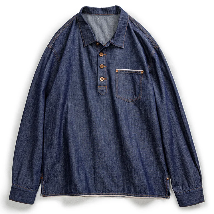 Vintage Denim Loose Lapel Washed Long-Sleeved Pullover Shirt