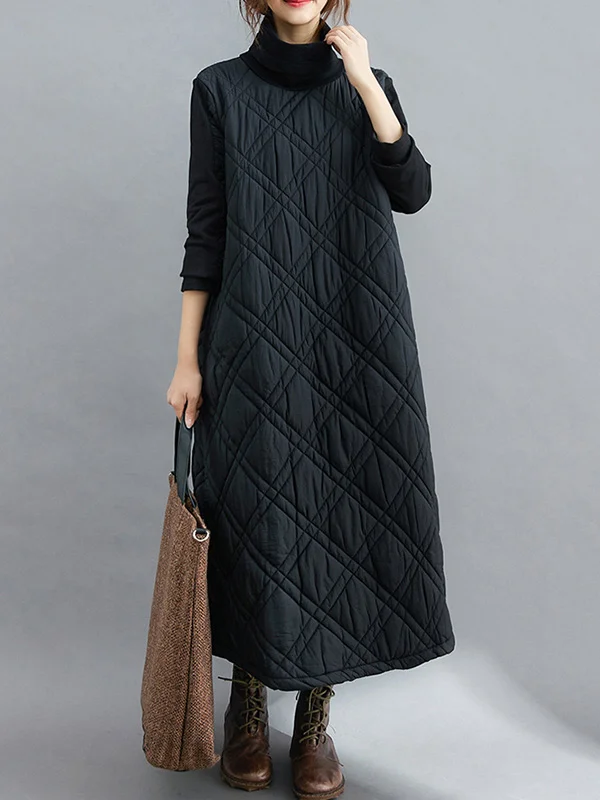 Simple Split-Joint High-Neck H-Line Quilted Midi Dress