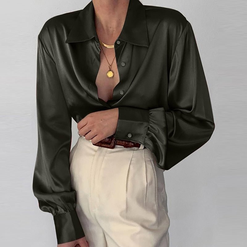 2022 Fashion Satin Work Blouse Women Elegant Full Sleeve Lapel Shirt ZANZEA Vintage Button Chemise Casual Slim Office Tunic Tops