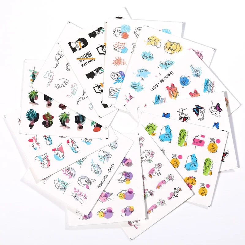 Harunouta 12Pcs Gradient Geometry Line Water Decals Set Pink Blue Colorful Whirlpool Wave Stickers Sliders Nail Art Decorations