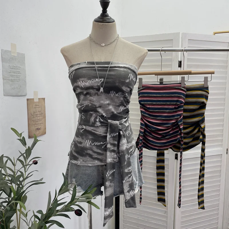 Nigikala Nigikala Shot Y2k With Chest Pads With Chest Pads To Wear Chest Vest Irregular Belt Strap Short Tie-Dye Letter Print Top 9270