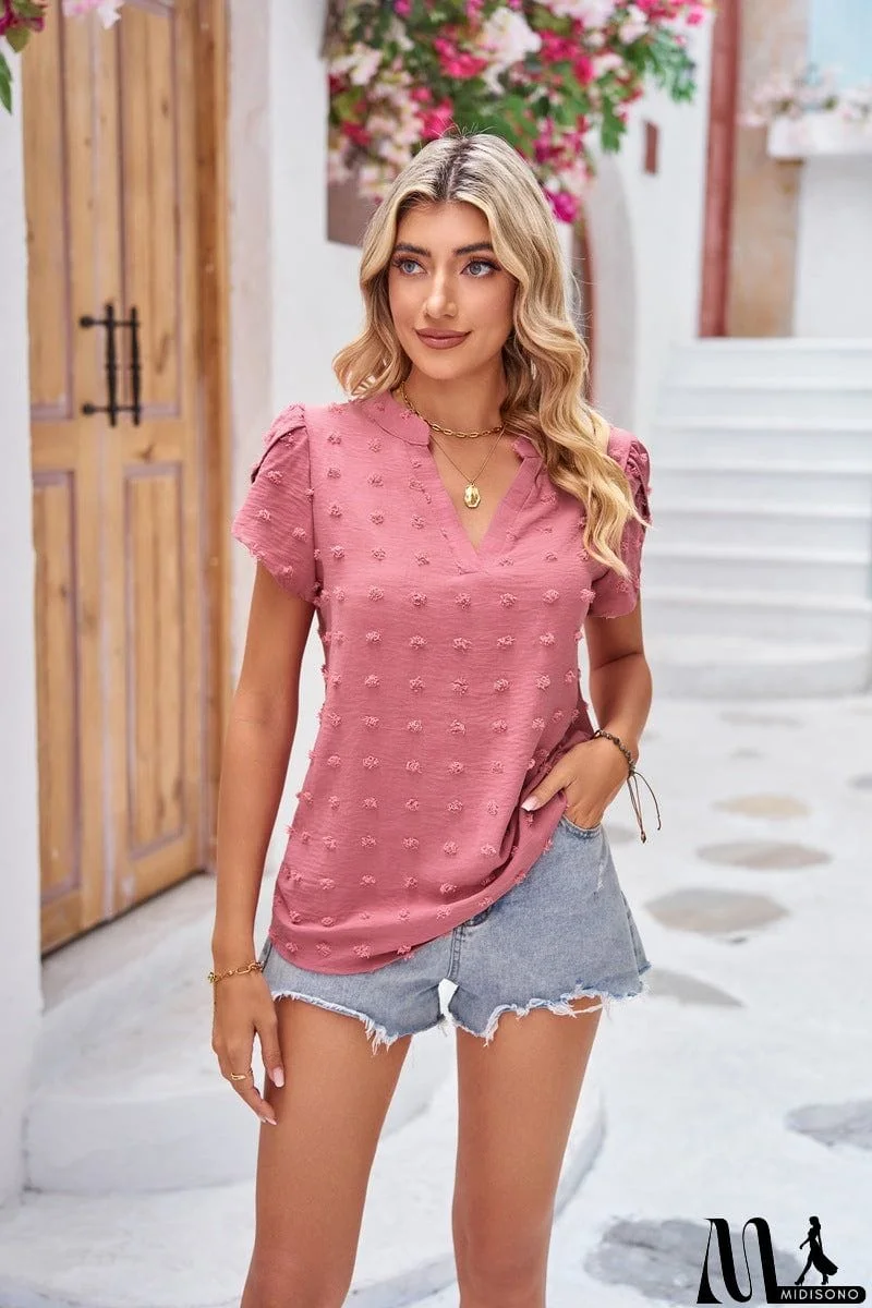 MidiSono - Swiss Dot Petal Sleeve Notched Top