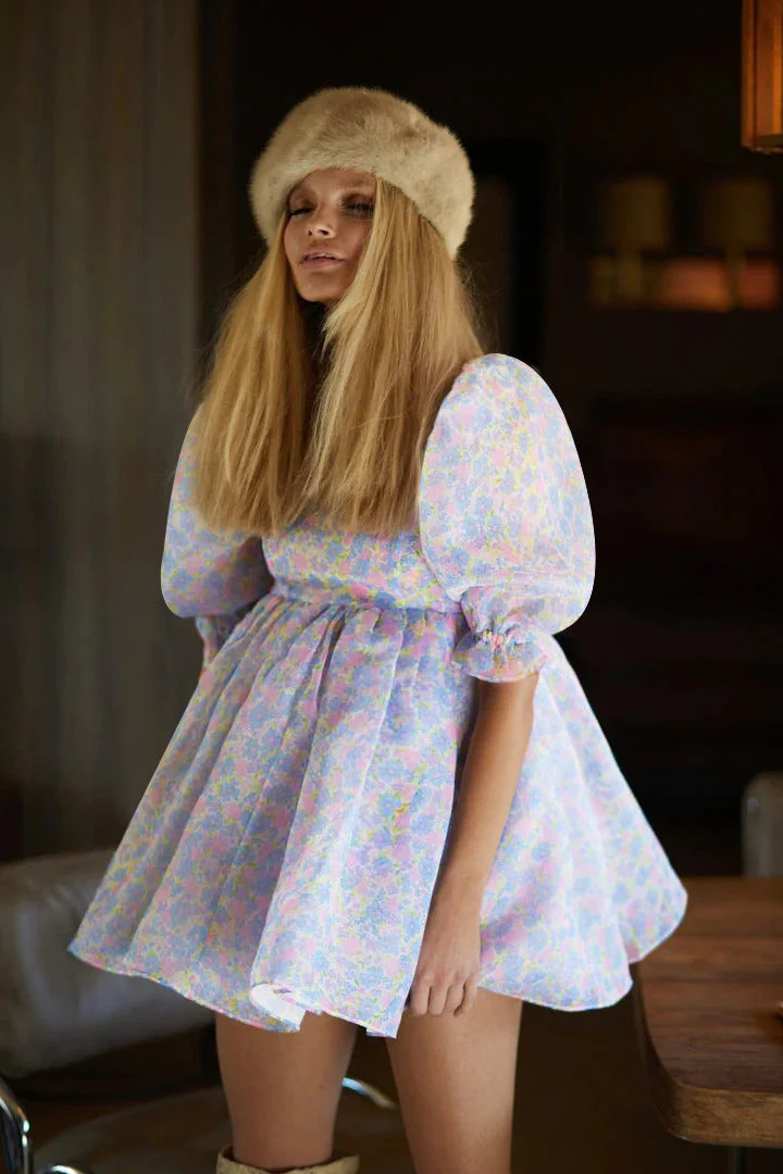 Brownm Printed Square Collar Lantern Short High Waist Sleeve Women's Backless Puffy Dress