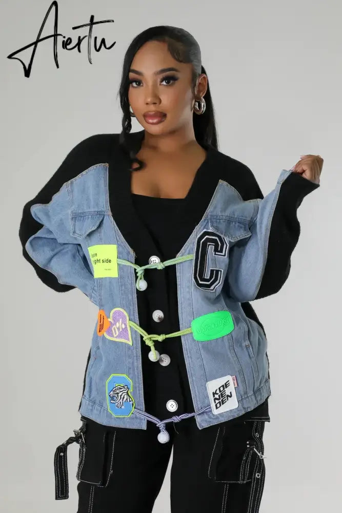 Aiertu Letter Badge Denim Patchwork Knit Cardigan Dopamine Candy Color Baggy Jackets Fall Winter Activewear High Street Outerwear Aiertu