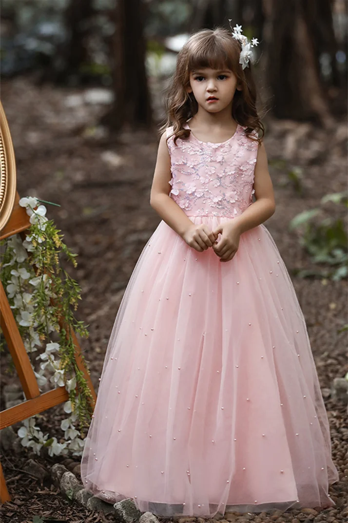 Luluslly Sleeveless Tulle Flower Girl Dresses With Peals Appliques