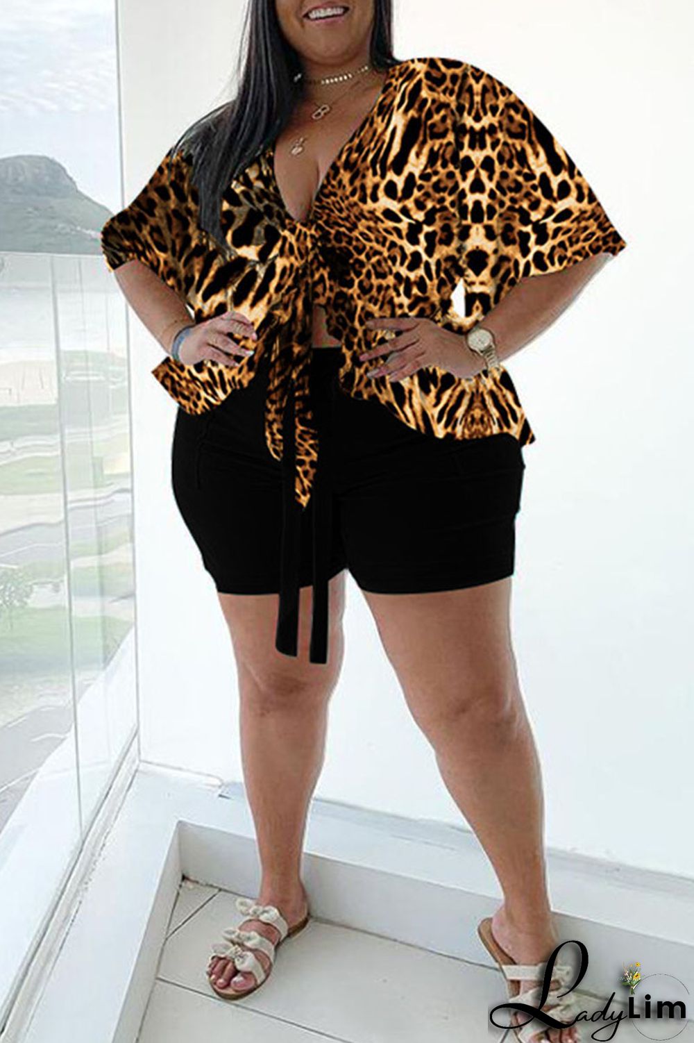 Leopard Print Sexy Print Bandage Split Joint Asymmetrical V Neck Plus Size Two Pieces