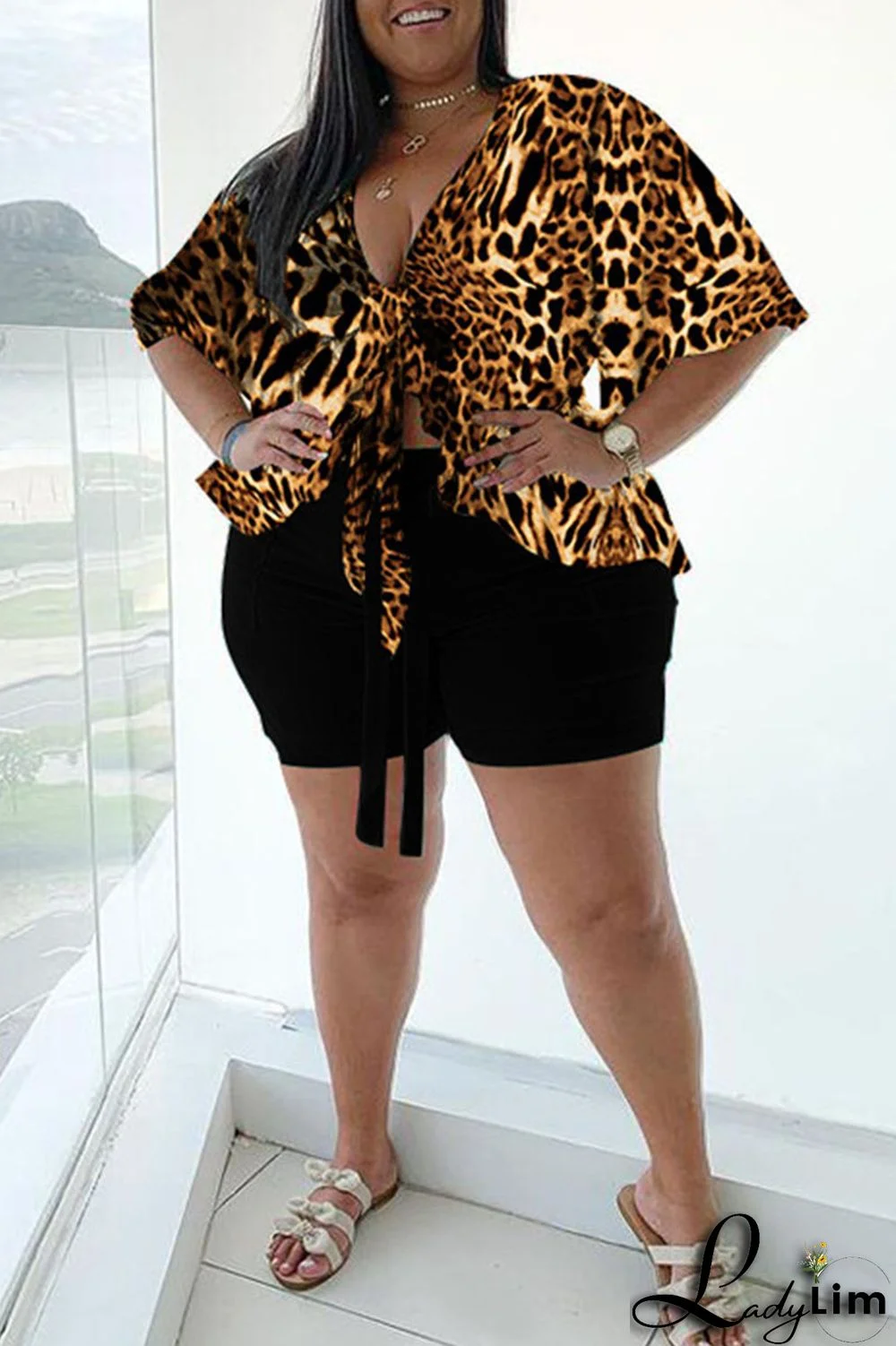 Leopard Print Sexy Print Bandage Split Joint Asymmetrical V Neck Plus Size Two Pieces