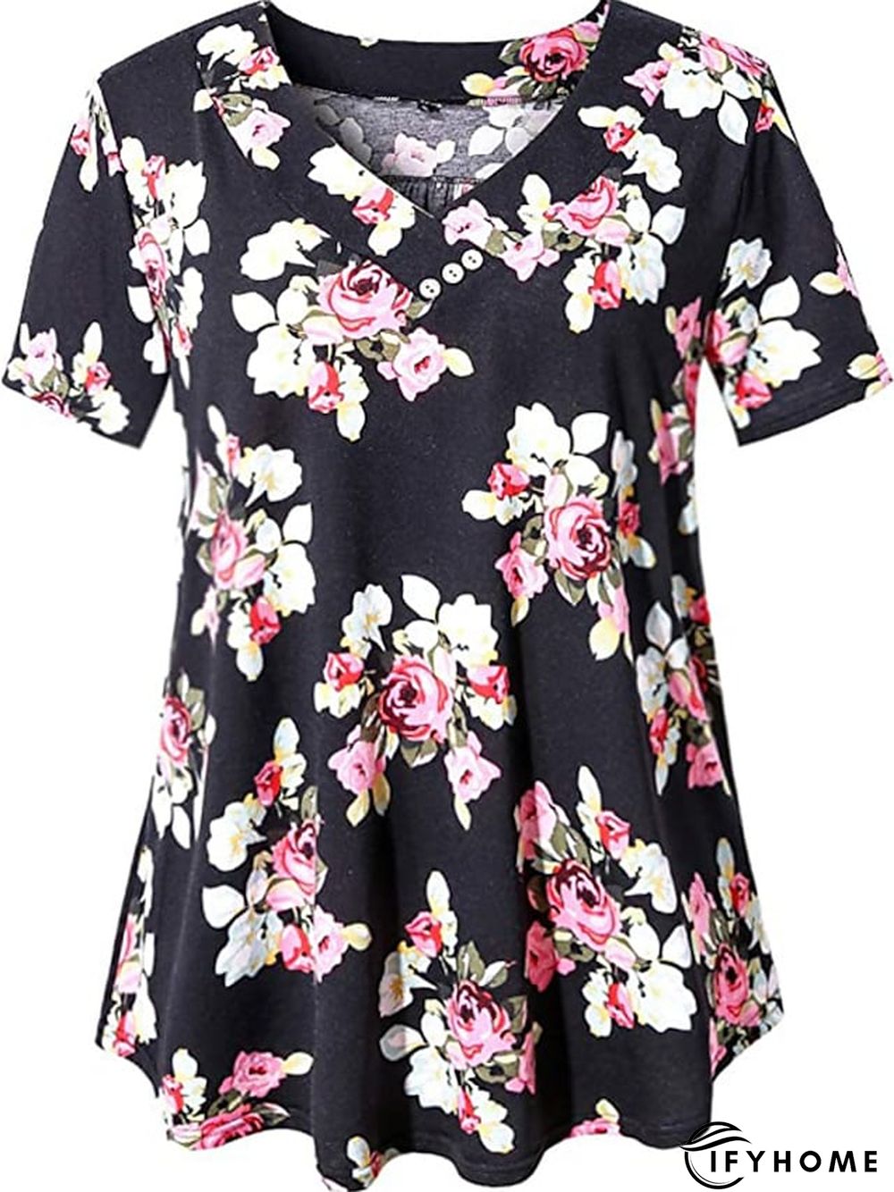 Women's Shirt Blouse Denim Blue Black White Leopard Floral Print Short Sleeve Casual Holiday Basic V Neck Regular Floral Plus Size M | IFYHOME