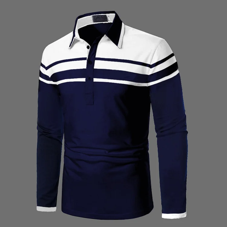 Men's Casual Contrast Long Sleeve Polo Shirt