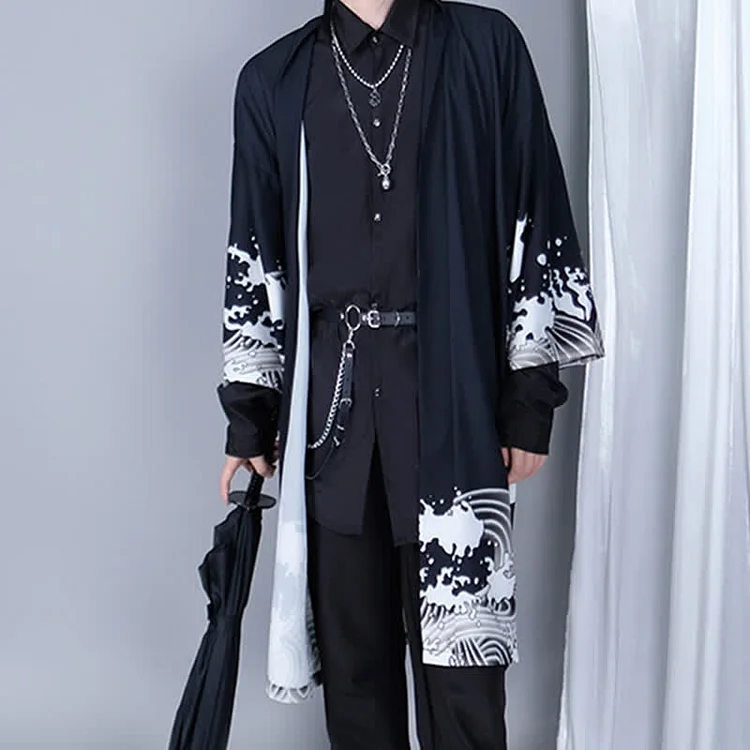 Vintage Wave Print Casual Cardigan Kimono Outerwear - Modakawa modakawa