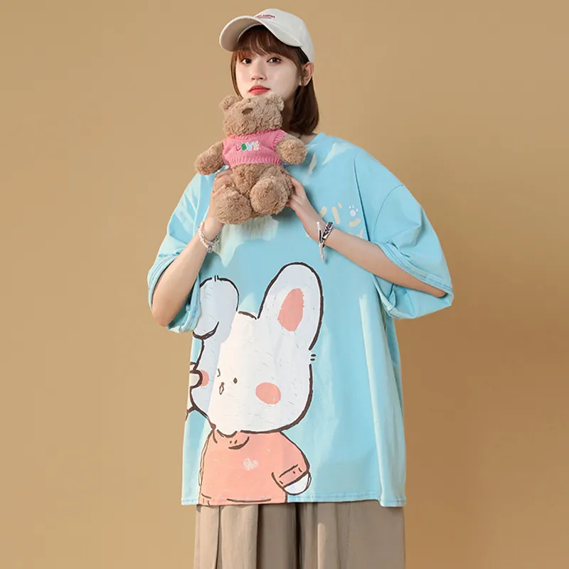 Cartoon Bunny Print Round Collar Casual T-Shirt