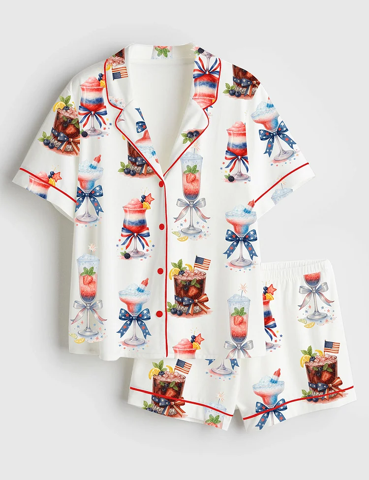 Women&rsquo;s 4th Of July Champagne Cocktail Patriotic Sparkler Cocktail Short Sleeve Satin Pajama Set
