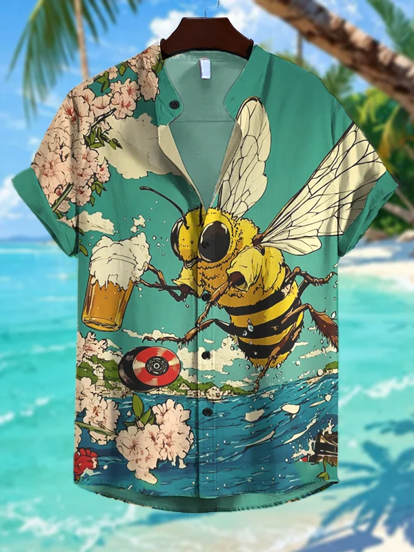 Men's Bee Drinking Beer Vinyl Record Art Print Casual Shirt