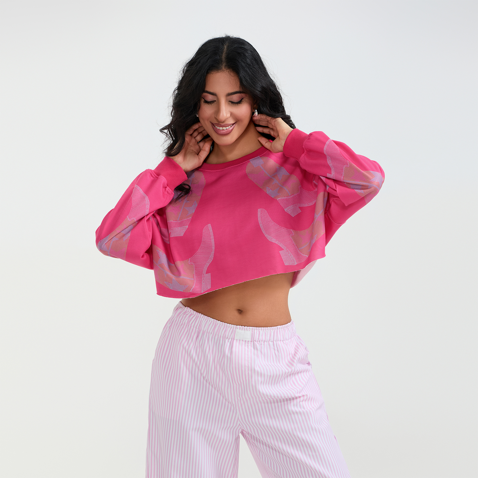 Vinaxco Women's Loose Cropped Sweatshirt Sequins Boots Long Sleeve Round Neck Casual Cropped Pullover Tops Spring