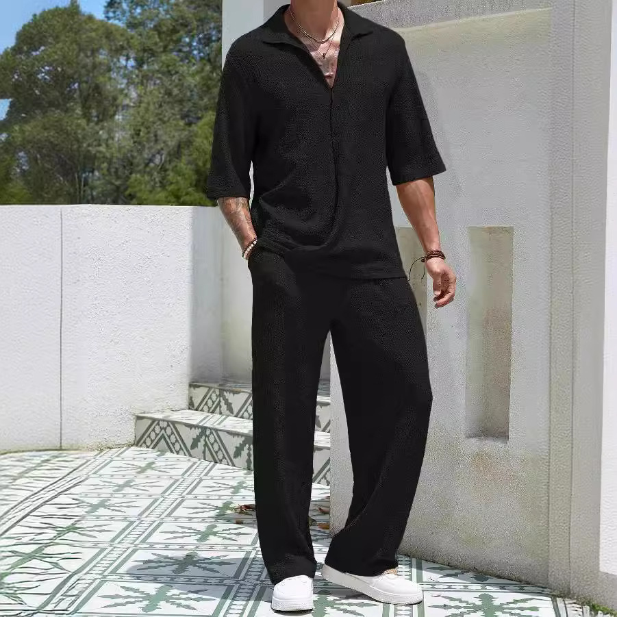 Trusthomeno fashion clothes men Fashion Men Pants Set Summer Short Sleeve Shirt and Long Pants Suit Irregular 2 Piece Sets Male Loose Casual Solid Color Outfits