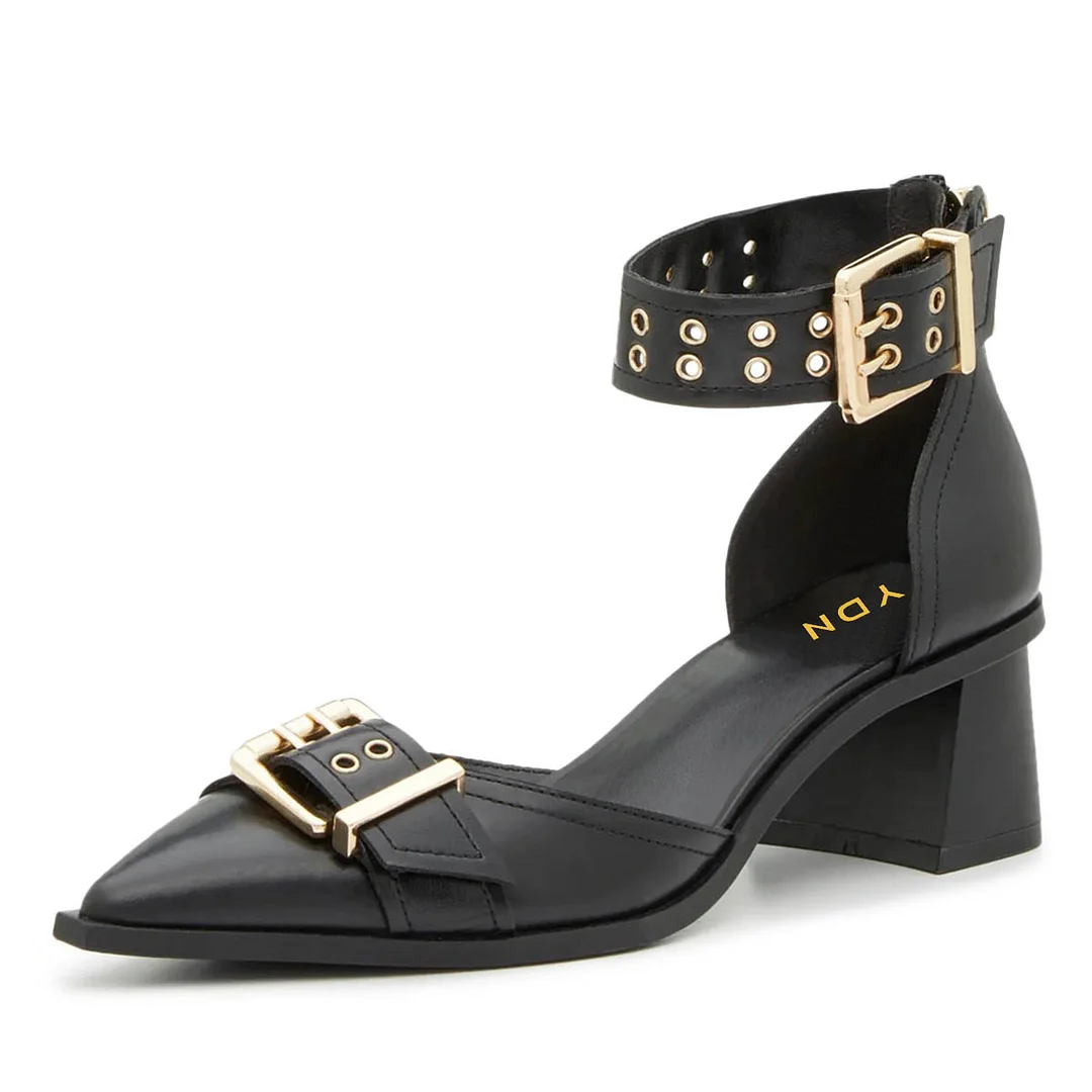 Vegan Leather Block Heel Grommet Ankle Strap Pumps Shoes in Black