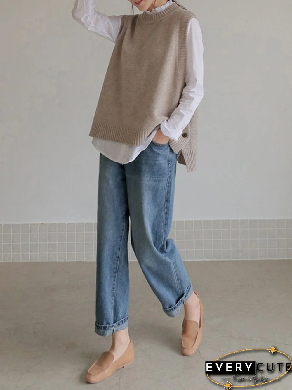 Simple Sleeveless Loose Buttoned Solid Color Round-Neck Sweater Vest Outerwear