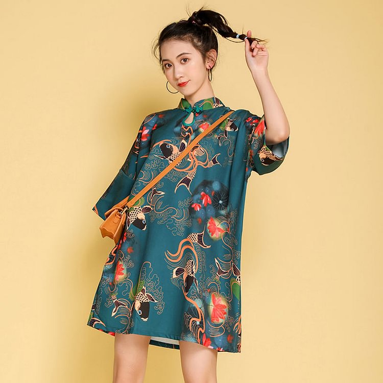 Vintage Embroidery Short Sleeve Cheongsam Dress - Modakawa Modakawa