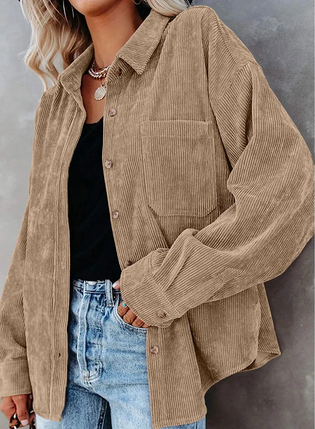 MIHOLL Women Corduroy Long Sleeve Button Down Collared Shirt Jacket Tops