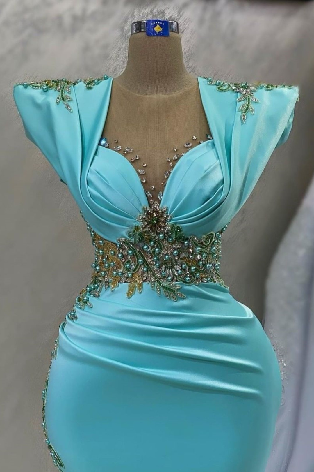 Pleated V-neck Cap Sleeve Stretch Satin Long Dress Emerald main image 1
