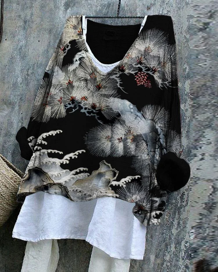 Japanese Pine Art Linen Blend Tunic Shirt