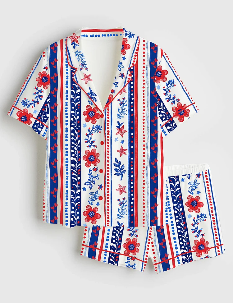Women&rsquo;s Red White Blue Stripes Floral 4th Of July Seamless Pattern USA Short Sleeve Satin Pajama Set