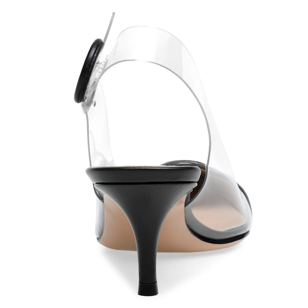 Pointed Toe Clear Strap Slingback Buckle Low Heel Pumps in Black