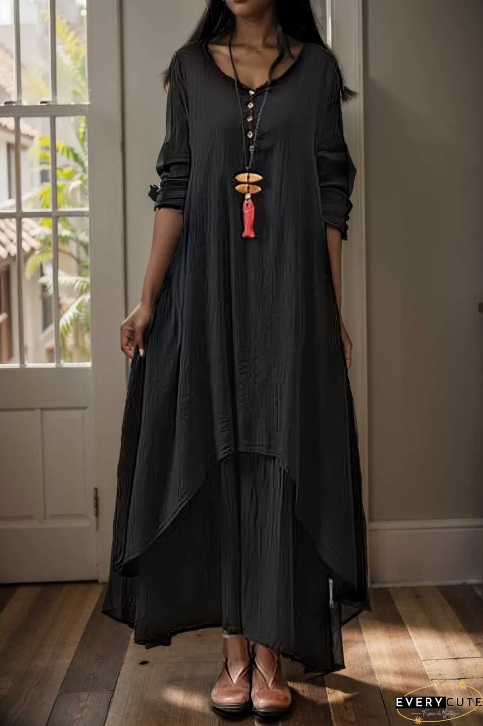 women s plus size casual dress swing dress solid color long dress maxi dress long sleeve button two piece v neck
